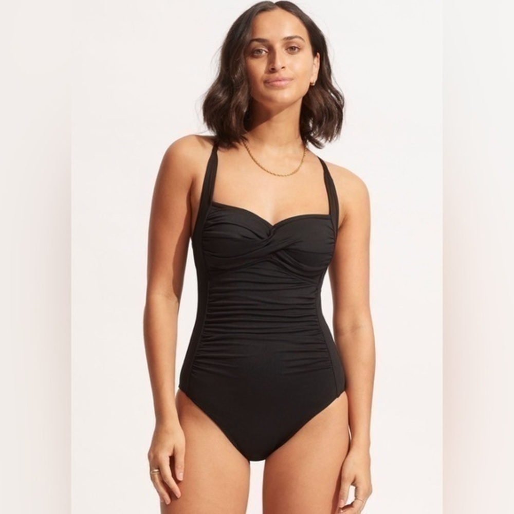 Seafolly Collective Twist Halter One Piece Black Ruched Swimsuit Size 14 Large